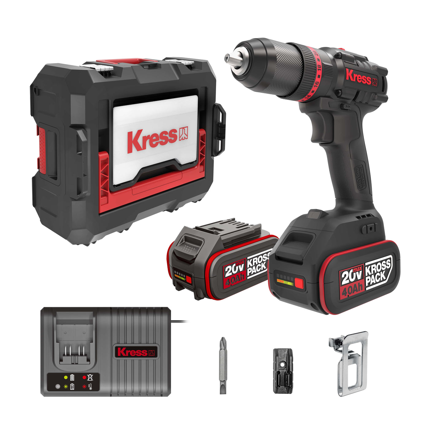 Kress KUC30 20V Brushless Hammer Drill, 60Nm, 2x 4.0Ah, 6A Charger & Stacking Case