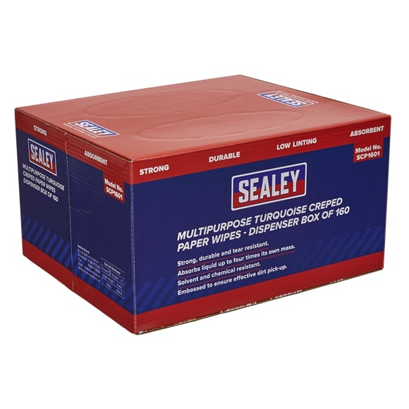 Sealey SCP160 Multipurpose Paper Wipe in Polyflute Dispenser Box - Creped Turquoise 69gsm 160 Sheets