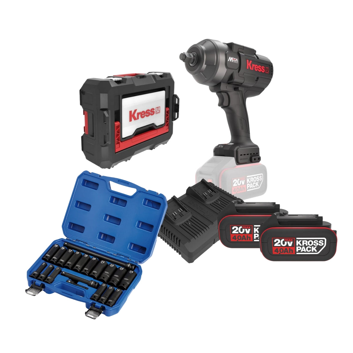 Kress Bundle Deal, KUB33.91 20V Brushless Impact Wrench 1300Nm 3/4" Bare Tool & Stacking Case, KAC04 4A Dual Charger, 2x KAB04 20V/4.0Ah Li Batt & Draper 04577 19pc 1/2"dr Deep Impact Socket Set