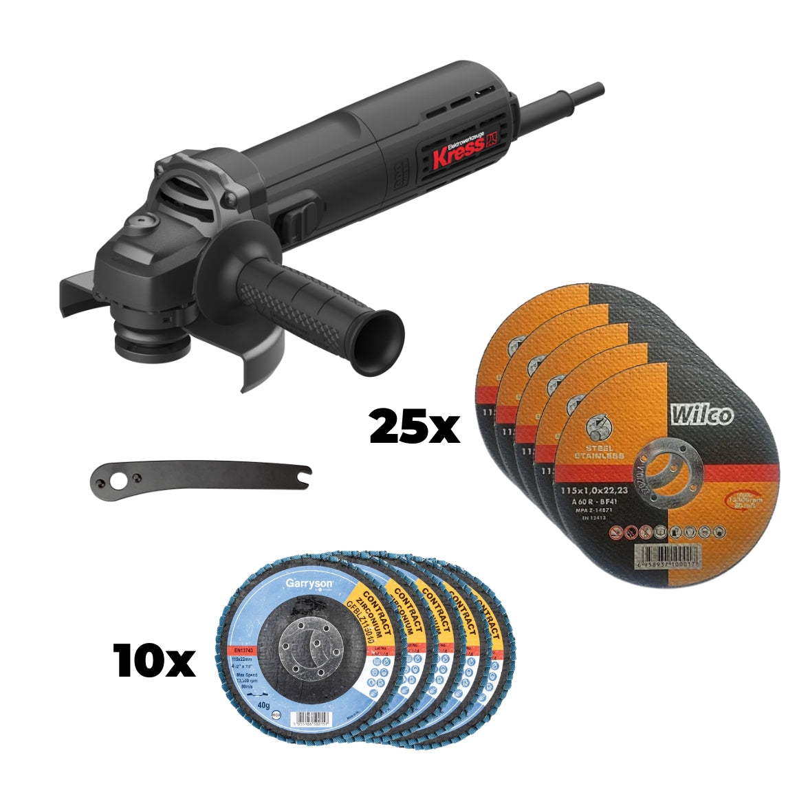 Kress Bundle Deal, KUS05P 900W Angle Grinder 115mm, Bare Tool, 25x Wilco Inox Cutting Disc Metal Flat  115mm 1.0 x 22mm & 10x Garryson GFBLZ115040 115mm 40G Zirconium Flap Disc