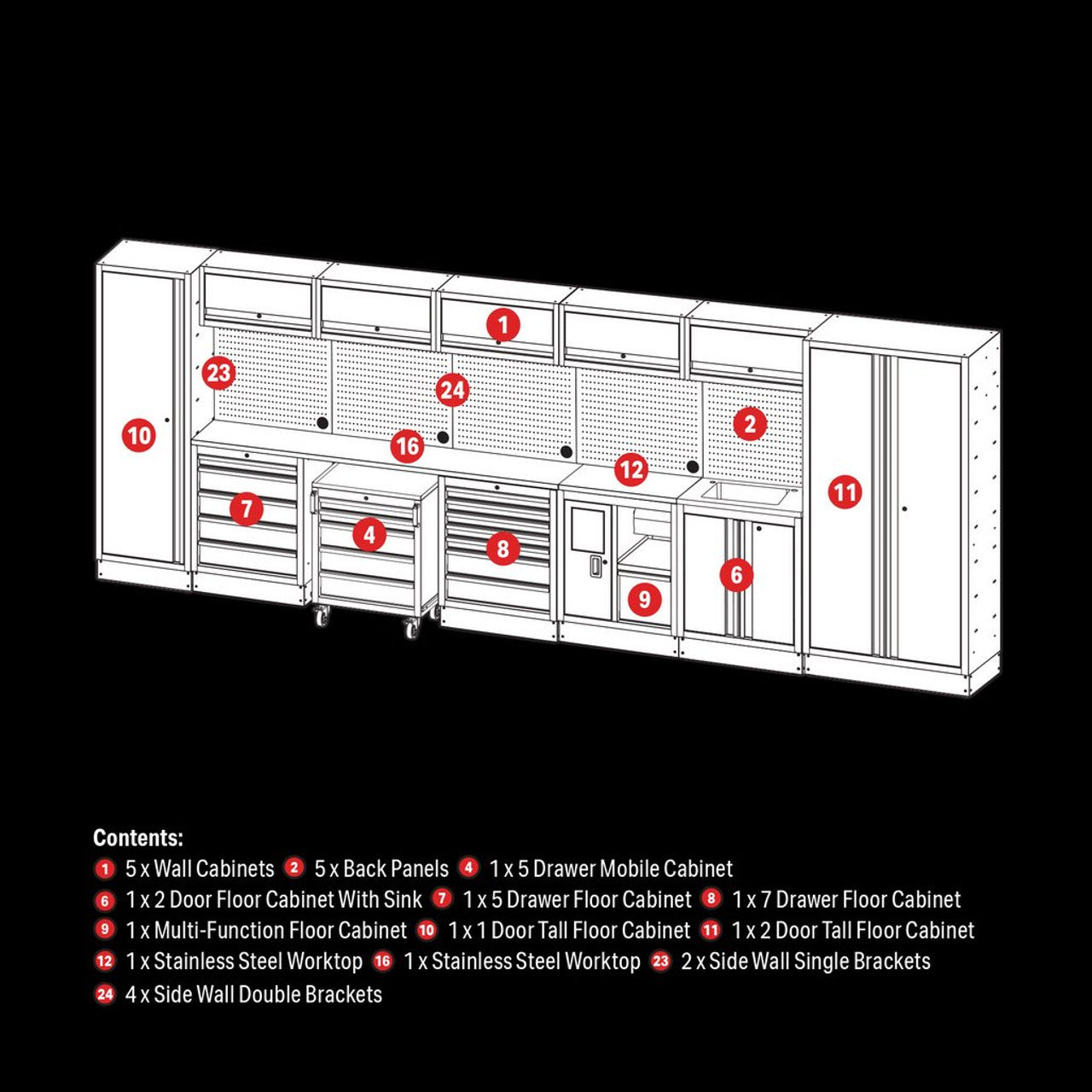 Draper 04391 Bunker Modular Storage Combo with Sink & Stainless Steel Worktop (25 Piece)